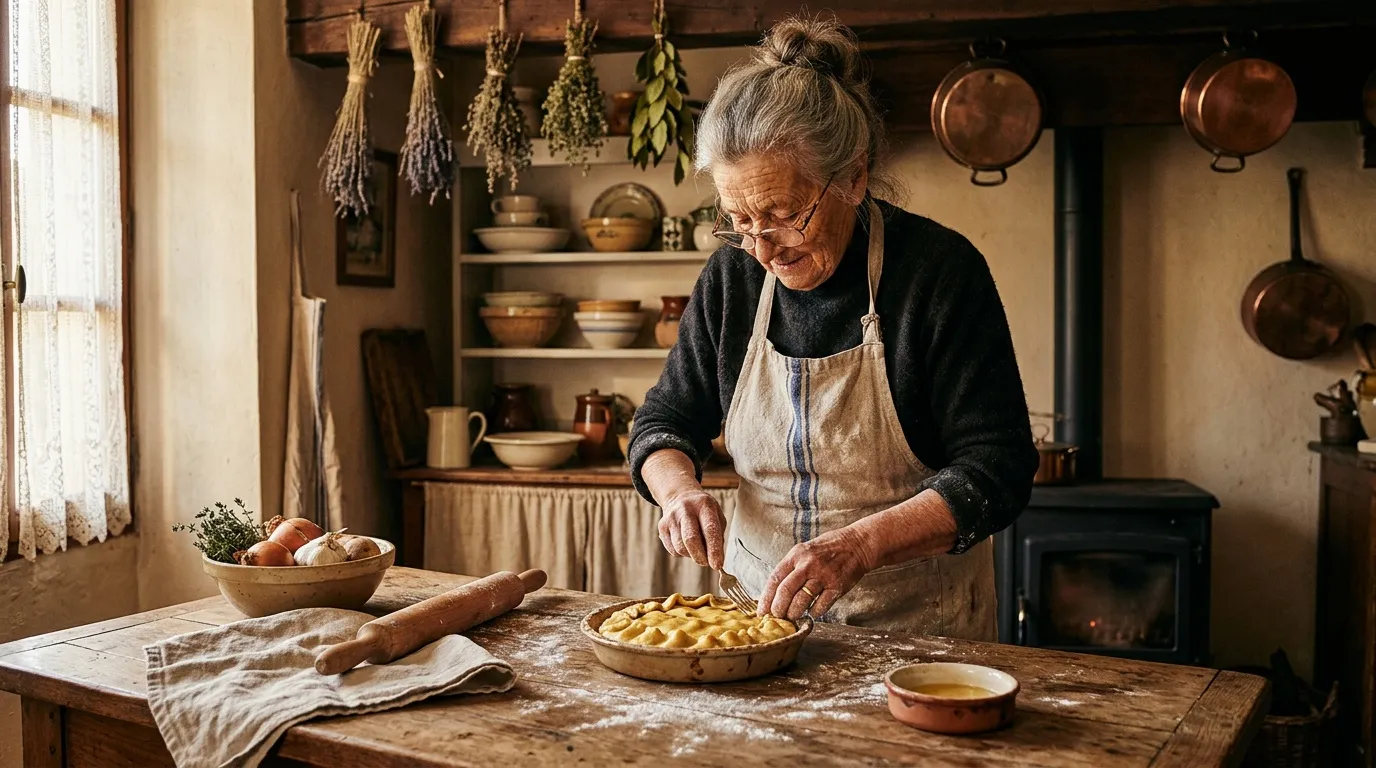 Femme âgée cuisinant une tarte dans une cuisine rustique