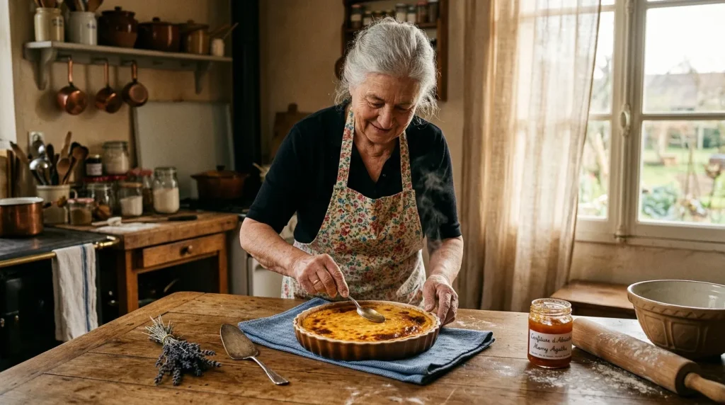 Femme âgée cuisinant une tarte dans sa cuisine rustique
