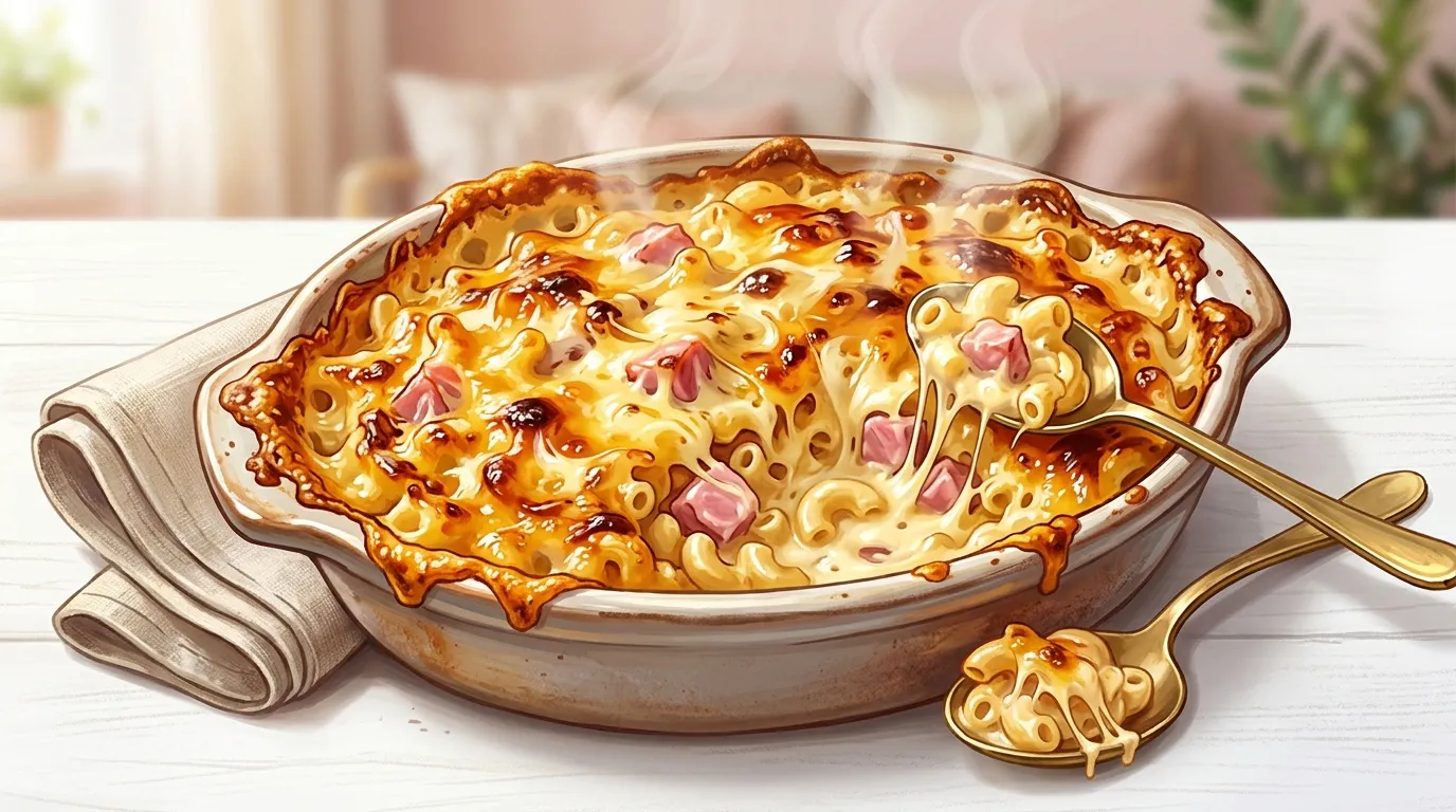 Plat de pâtes gratinées au fromage fondant, cuit au four