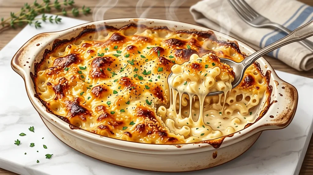 Plat de mac and cheese gratinée avec croûte dorée et persil frais