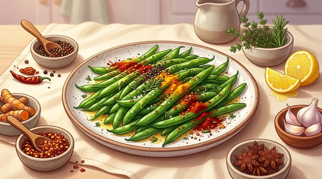 Assiette de haricots verts garnis d'épices colorées et d'herbes fraîches