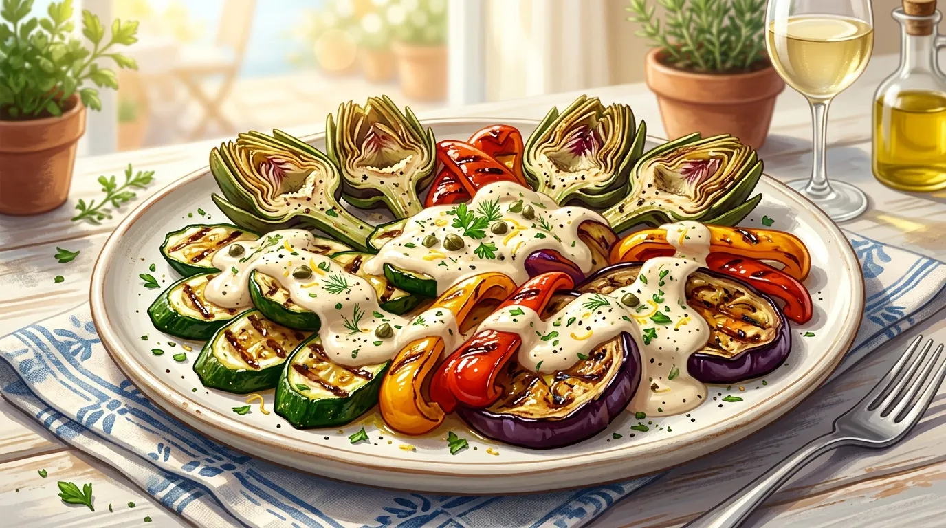 Assiette de légumes grillés avec sauce blanche et artichauts