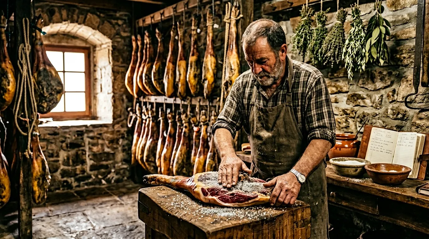 Homme travaillant viande suspendue atelier traditionnel pierre