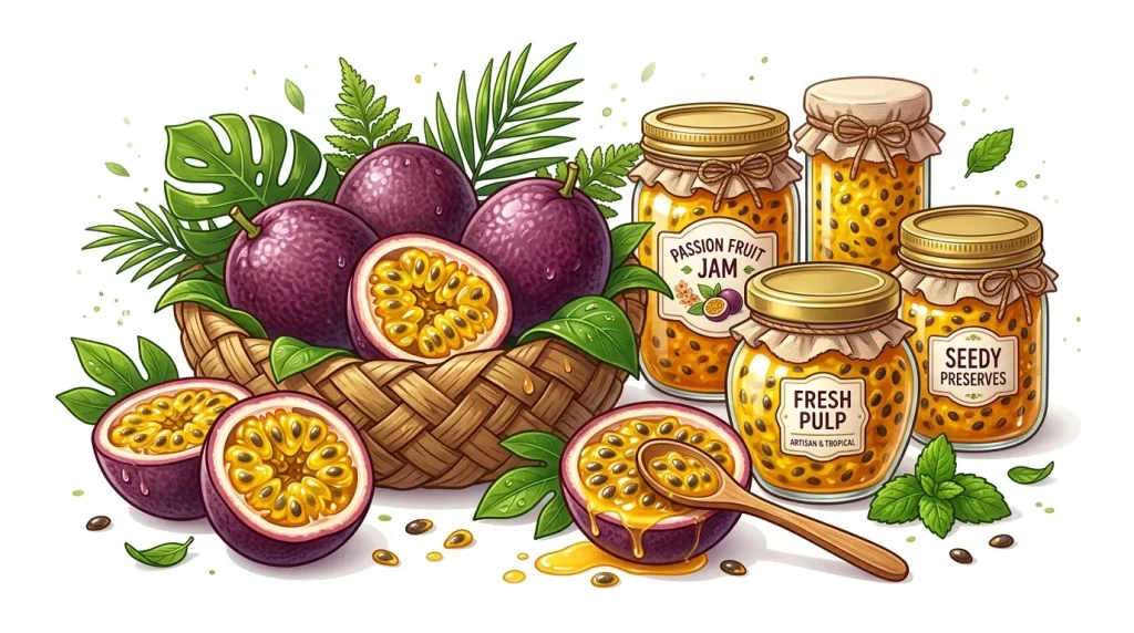 Fruits de la passion frais et pots de confiture artisanale faits maison