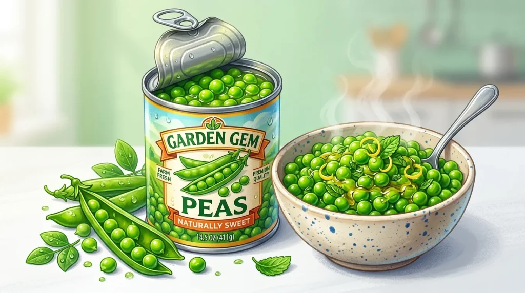 Conserve de petits pois verts avec bol et gousses fraîches
