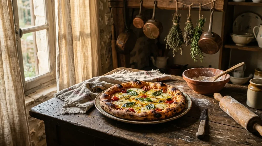 Pizza fraîche sur table bois, cuisine campagnarde avec herbes et ustensiles
