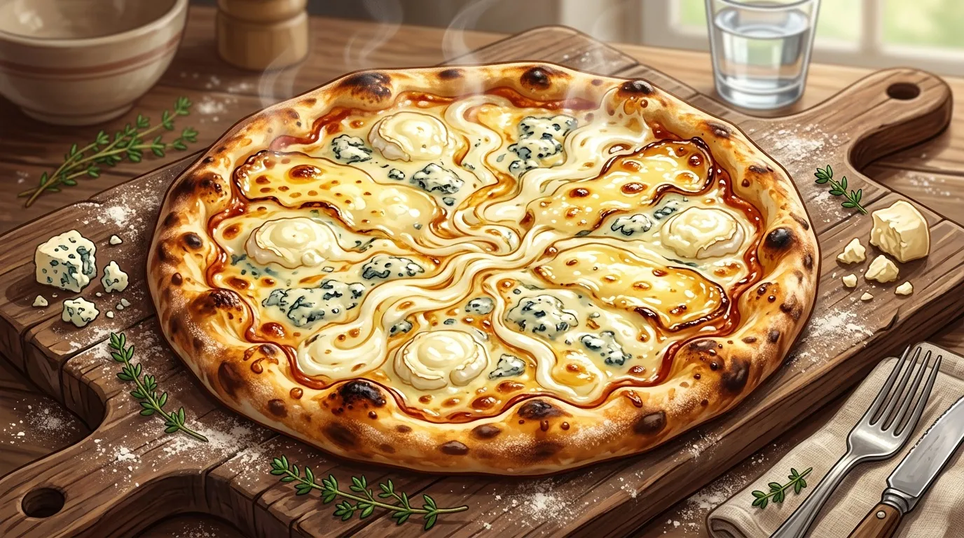 Pizza artisanale garnie de fromage bleu et mozzarella dorée