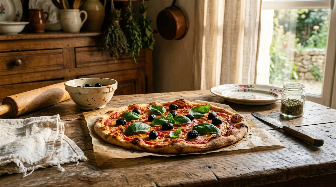 Pizza fraîche avec olives et basilic sur table rustique
