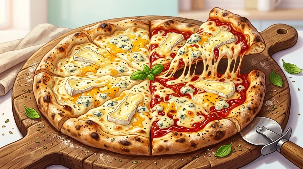 Pizza demi-portion fromage bleu et tomate sur planche bois