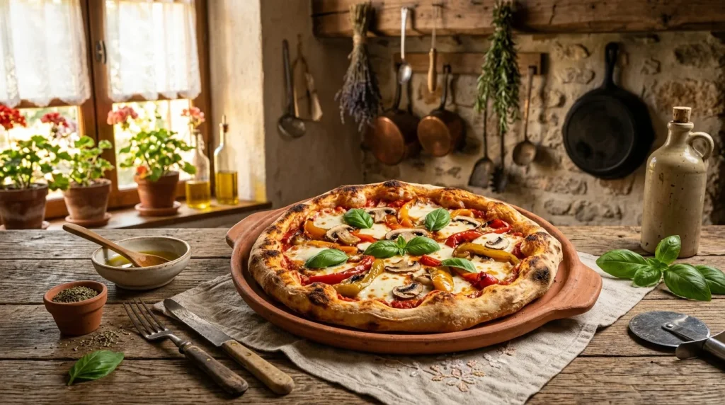 Pizza fraîche avec basilic sur table rustique de cuisine italienne