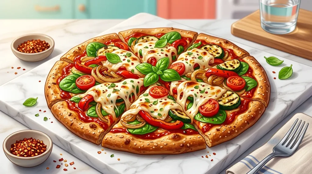 Pizza garnie de mozzarella, tomates, poivrons et basilic frais