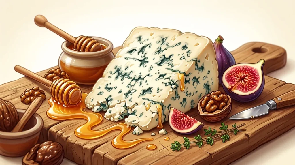 Fromage bleu, miel, figues et noix sur planche bois