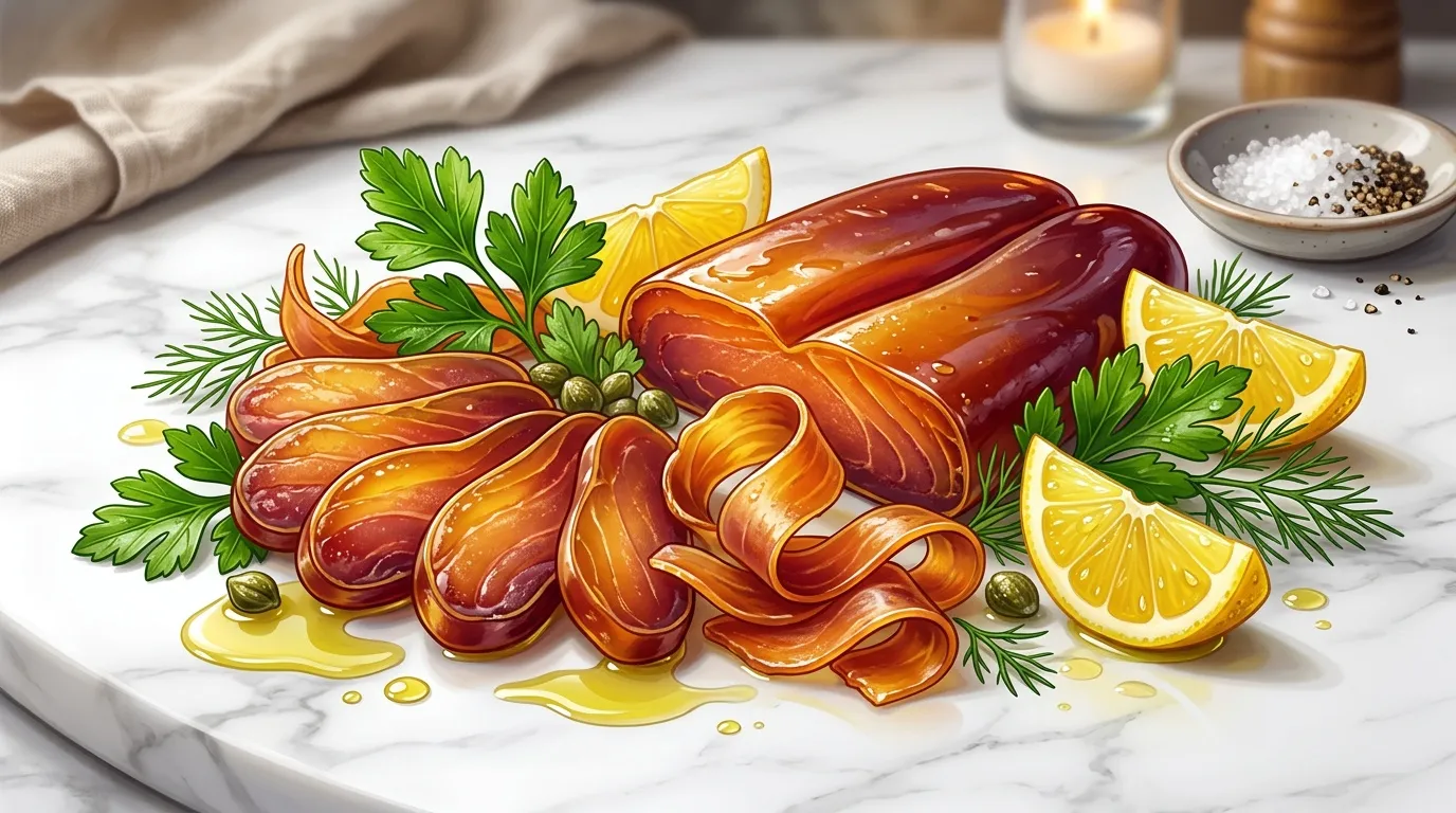 Moules cuites garnies citron, herbes fraîches sur marbre blanc