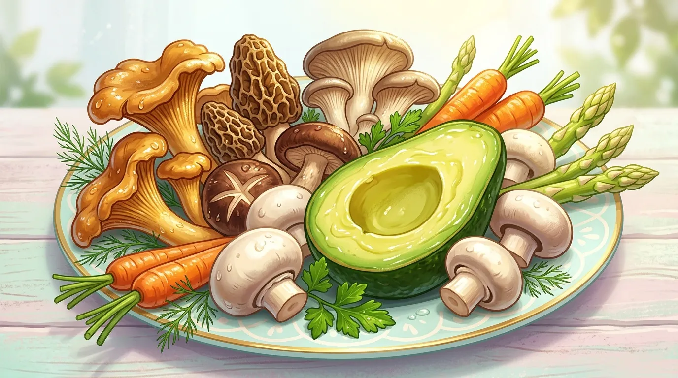 Assiette colorée avec avocat, champignons, carottes et asperges