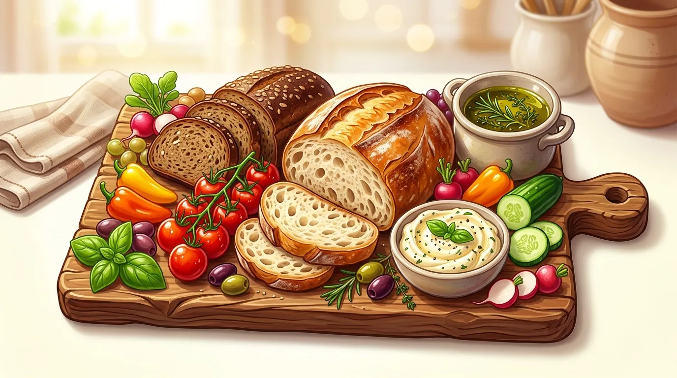 Planche bois avec pain, légumes et dips frais