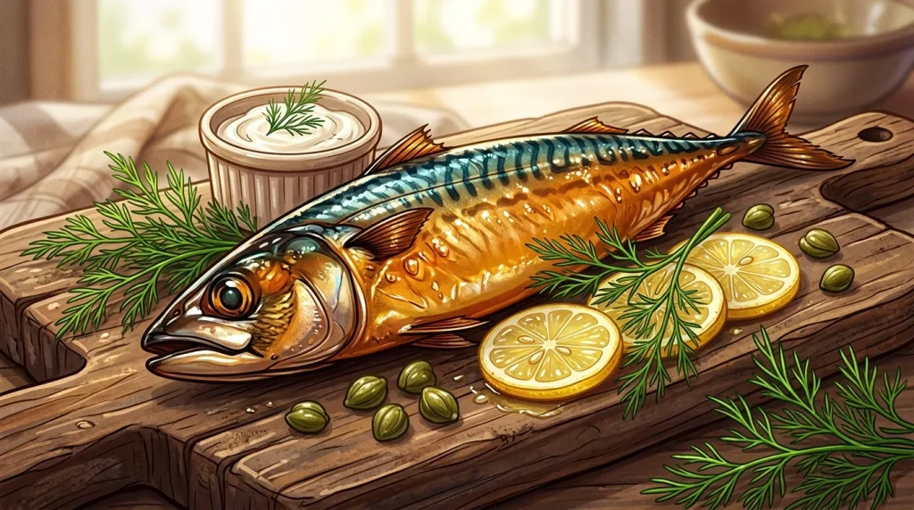 Poisson doré sur planche avec citron, herbes et sauce crème