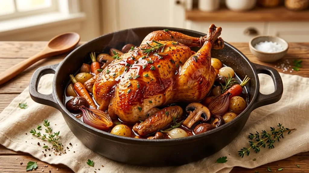 Poulet entier rôti doré avec légumes et herbes fraîches dans poêle