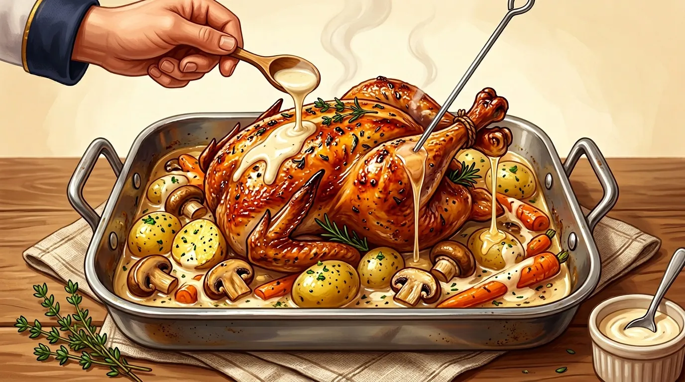 Poulet doré rôti avec légumes et sauce en cocotte
