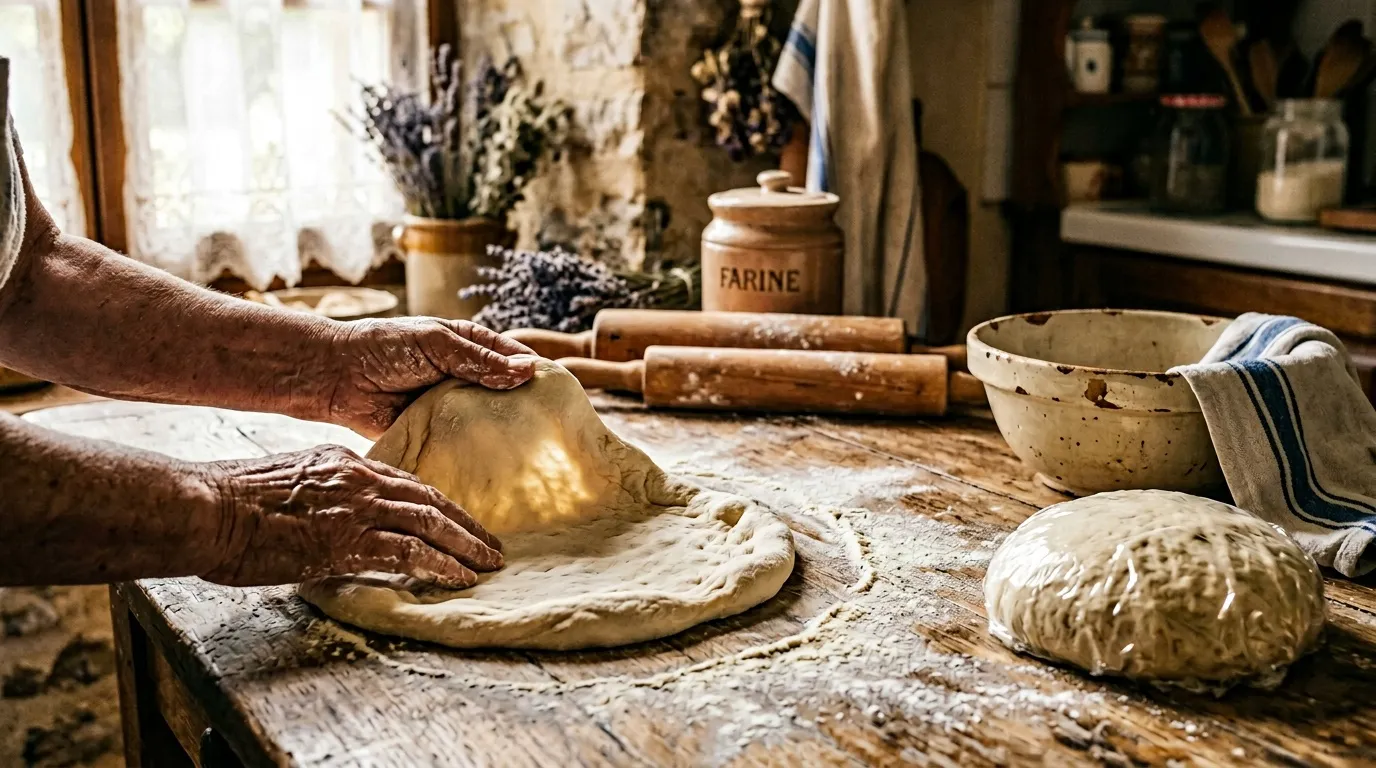 Mains pétrissant la pâte à pain sur un plan de travail fariné