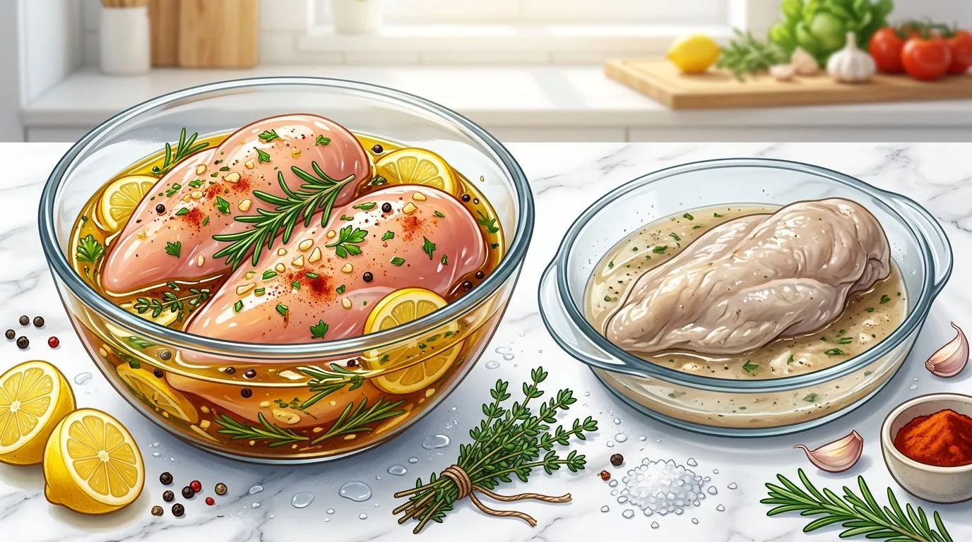 Deux filets de poisson marinés dans des plats en verre avec citron et herbes