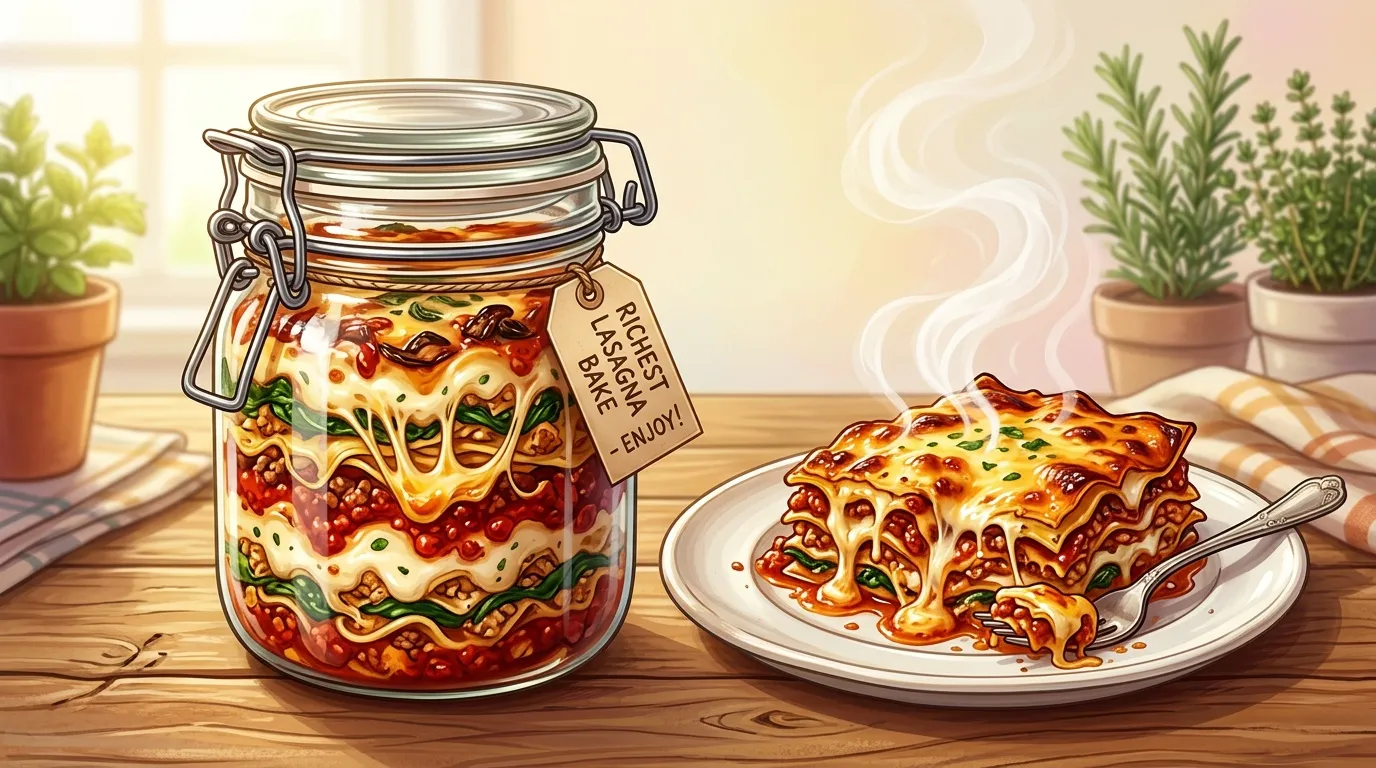 Bocal de lasagne maison avec portion servie sur assiette