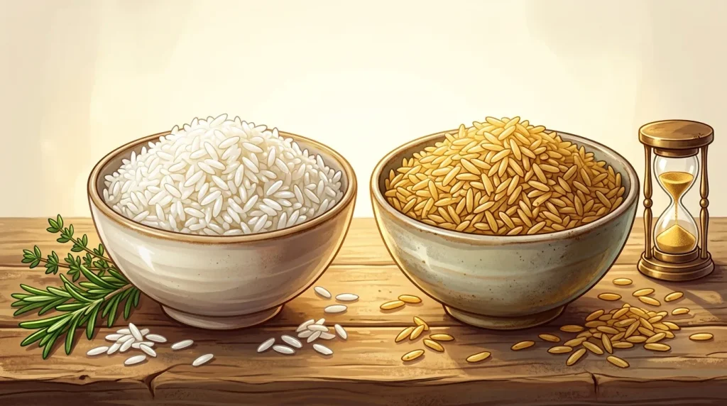 Deux bols de riz : blanc et complet, sablier, herbes aromatiques