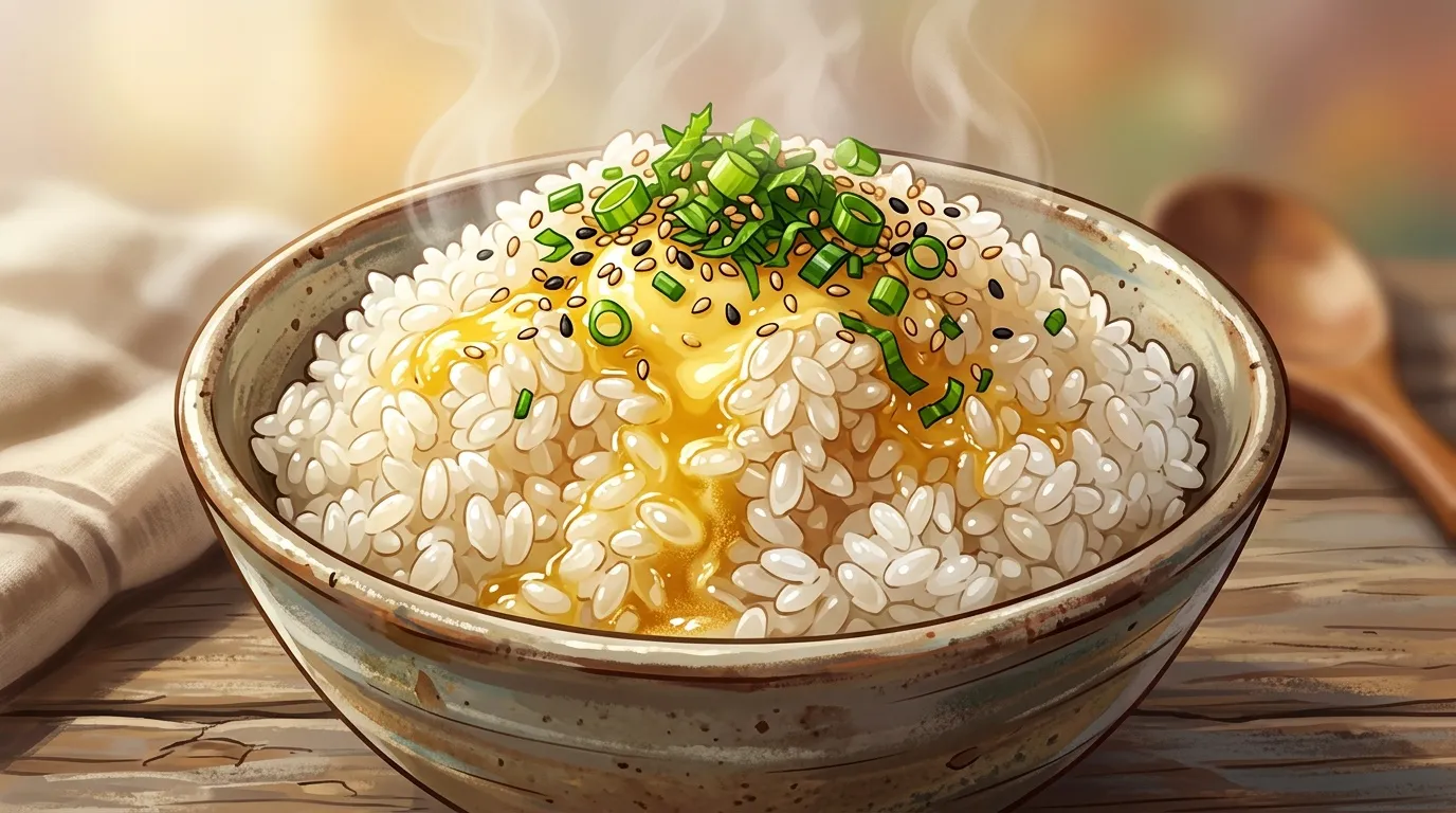 Bol de riz blanc avec œuf coulant, graines et oignons verts