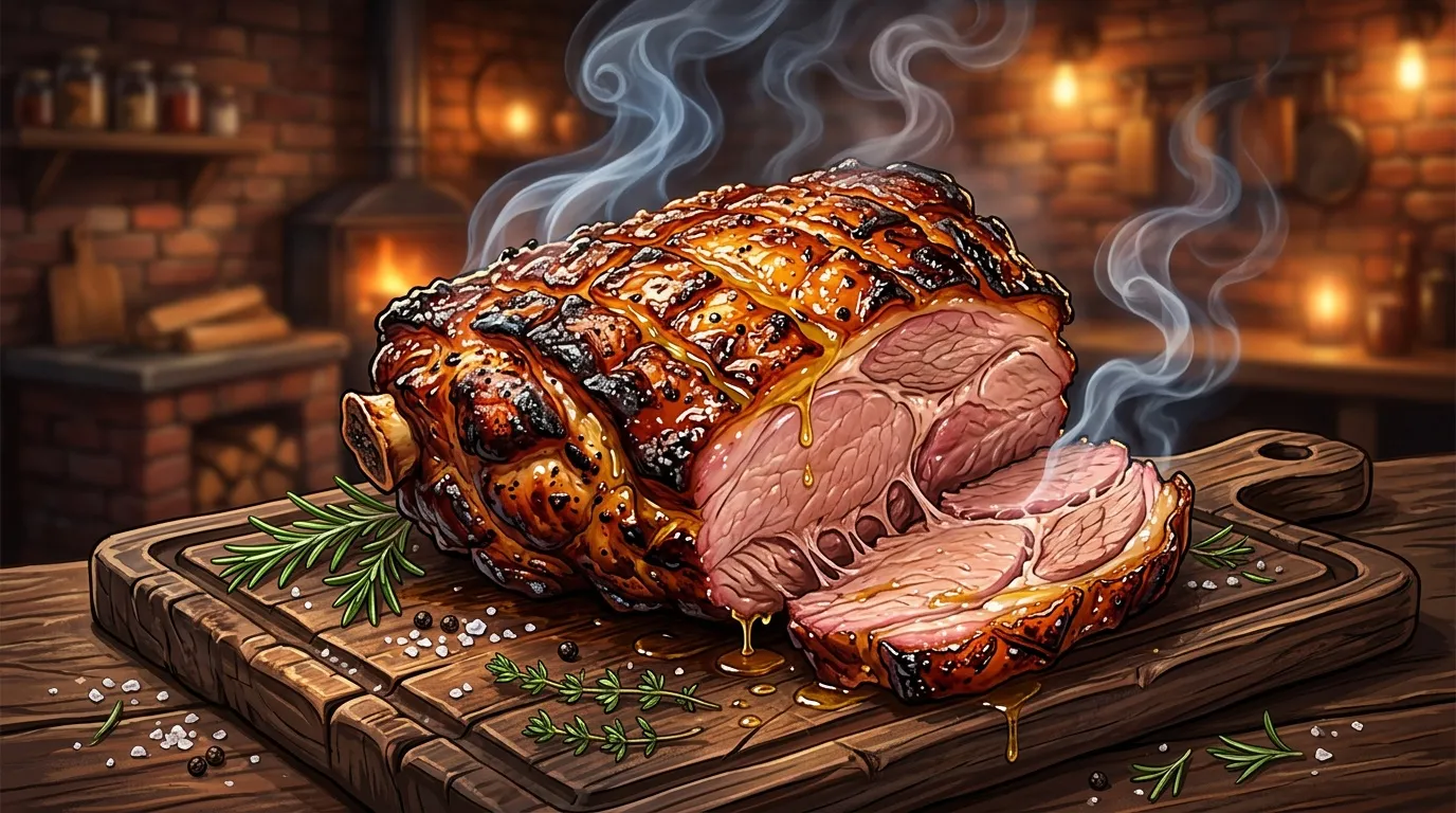 Rôti de boeuf tranché, fumant, sur planche bois rustique