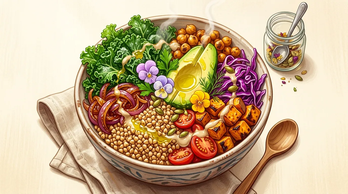 Bol coloré avec légumes frais, avocats, graines et fleurs comestibles
