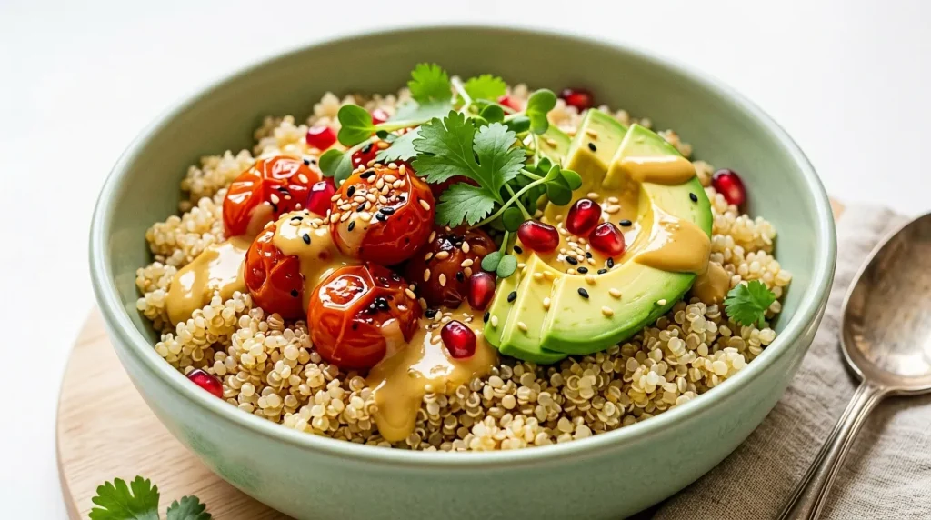 Bol de quinoa avec avocado, tomates, grenade et coriandre fraîche