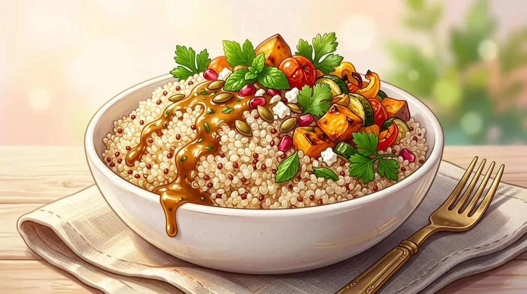 Bol de quinoa garni de légumes grillés et herbes fraîches
