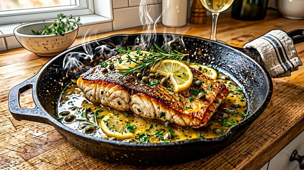 Filet de saumon grillé dans une poêle noire avec citron et herbes