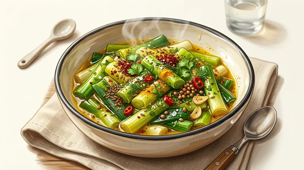 Bol de bouillon asiatique avec poireaux, épices et herbes fraîches