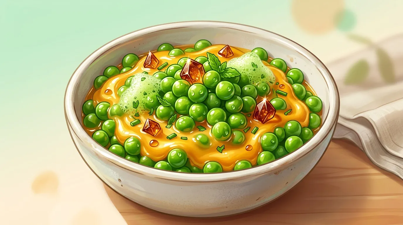 Bol de soupe avec pois verts et garniture dorée