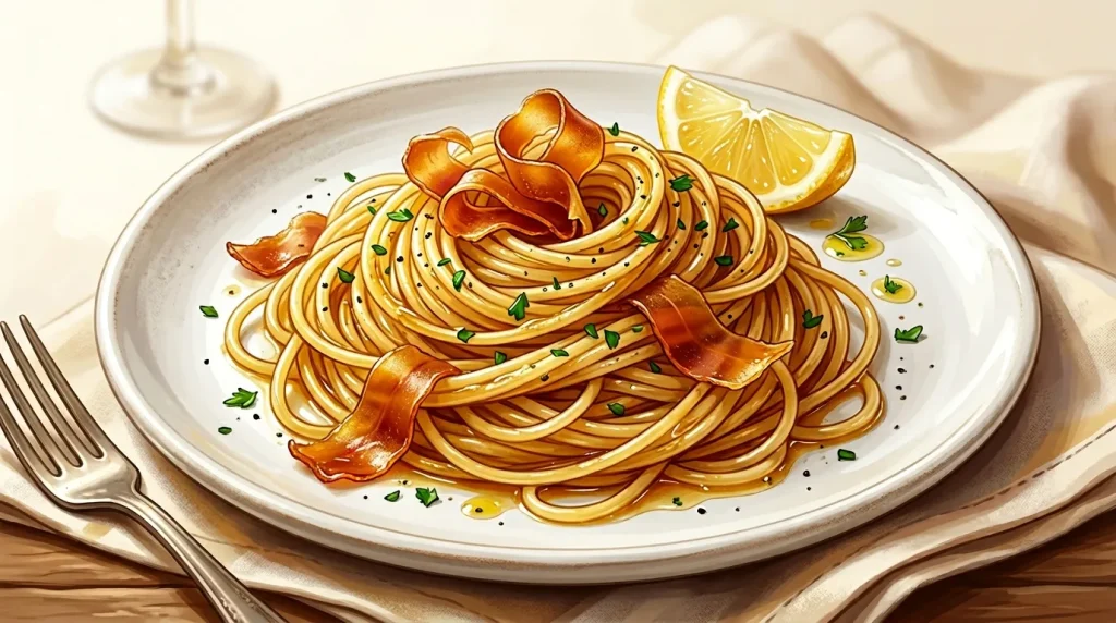 Assiette de spaghetti dorés garnis de bacon et persil