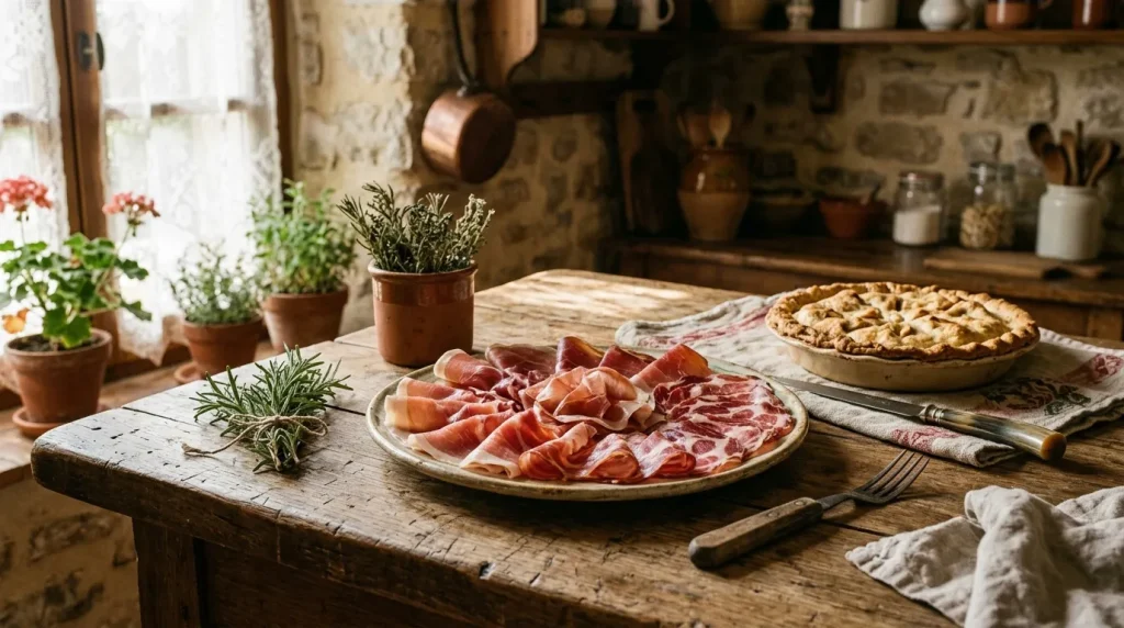 Assiette de charcuterie, tarte aux pommes et herbes aromatiques en cuisine rustique