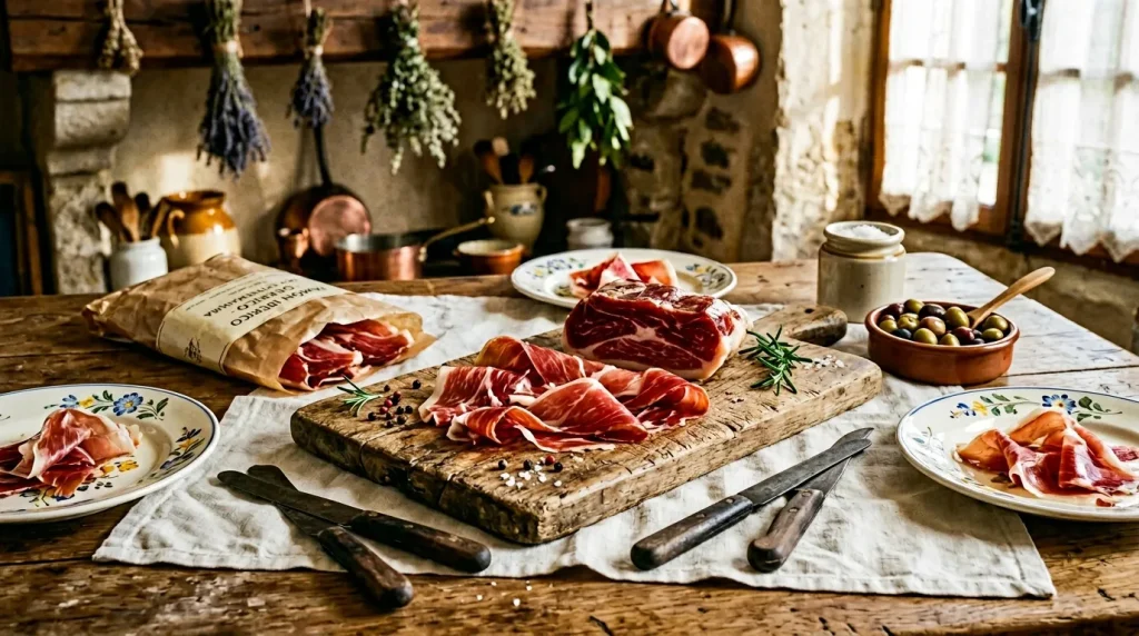 Charcuterie et olives sur planche bois rustique, cuisine traditionnelle
