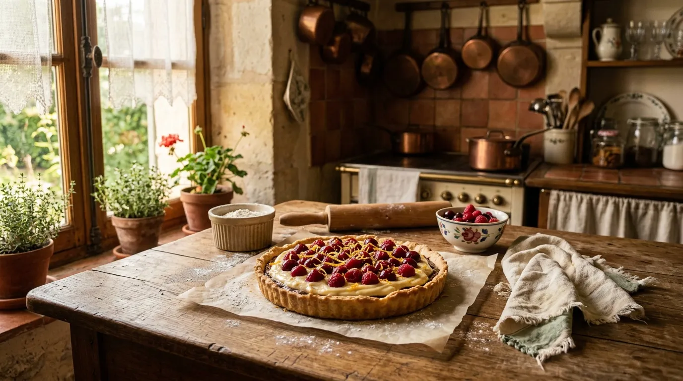 Tarte aux framboises fraîches sur table de cuisine rustique