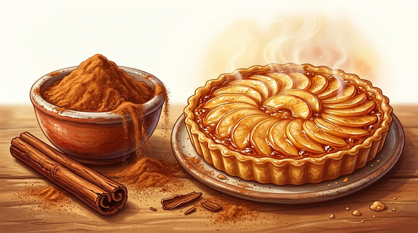 Tarte aux pommes dorée avec cannelle et bol d'épices