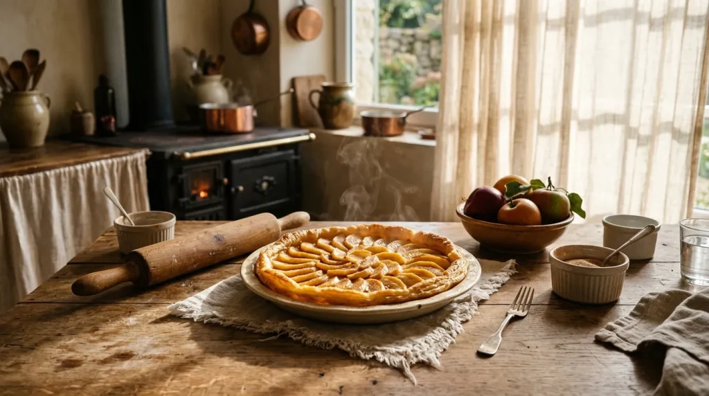 Tarte aux pommes dorée sur table rustique avec cuisine ancienne