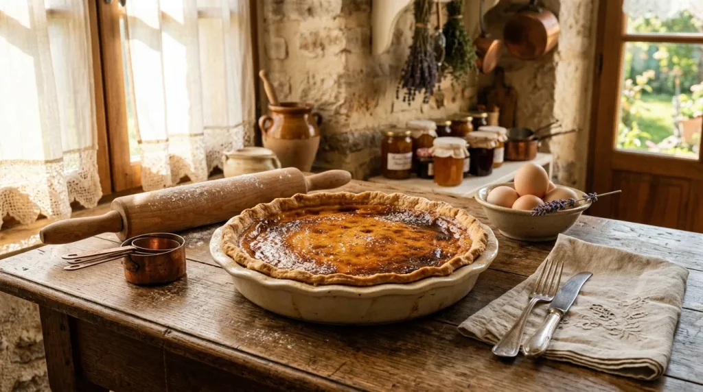 Tarte dorée sur table bois, cuisine rustique avec herbes séchées