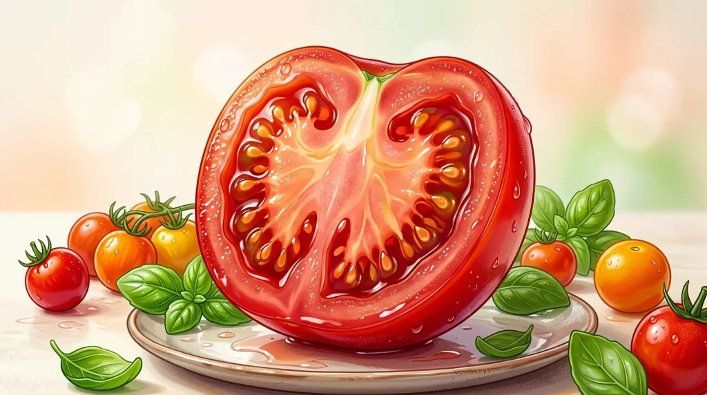Tomate rouge coupée avec graines, entourée de tomates cerises et basilic