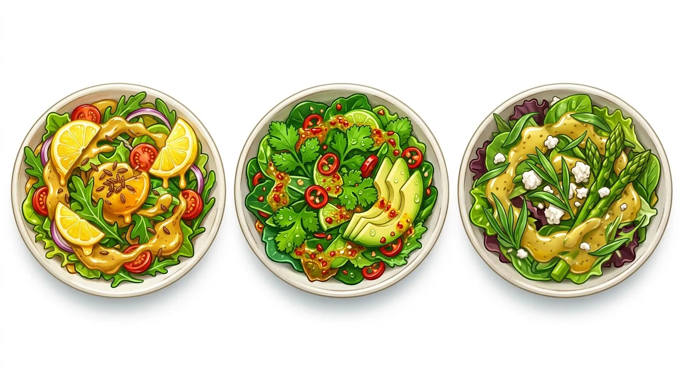 Trois assiettes de salades fraîches avec légumes variés et vinaigrettes