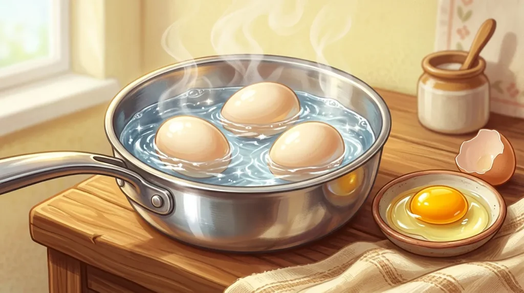 Pot d'eau bouillante avec trois œufs, préparation culinaire