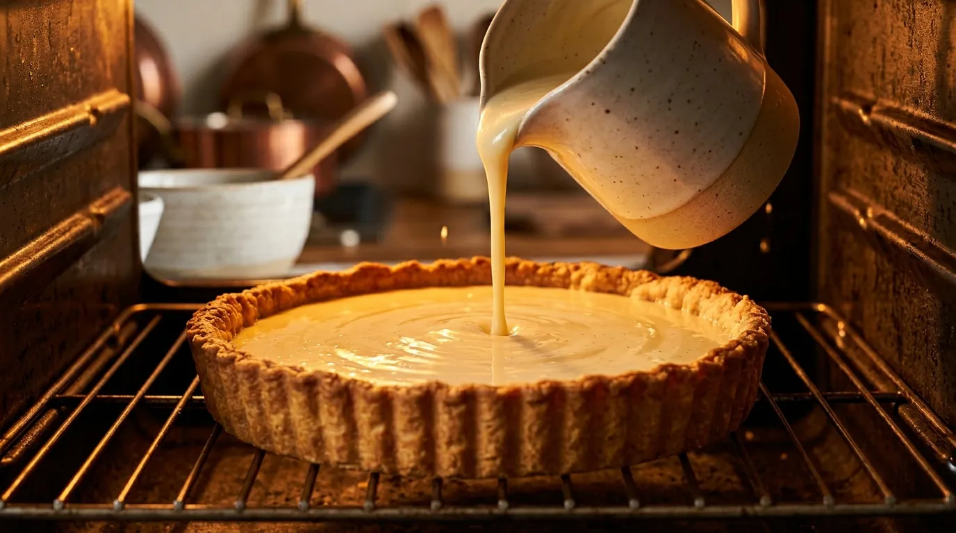 Crème liquide versée dans une tarte au four