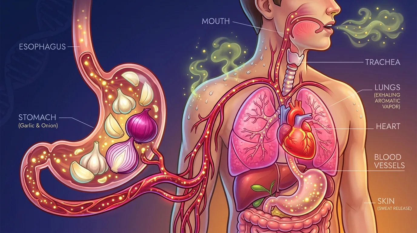 Illustration montrant trajet arômes ail oignon à travers organes