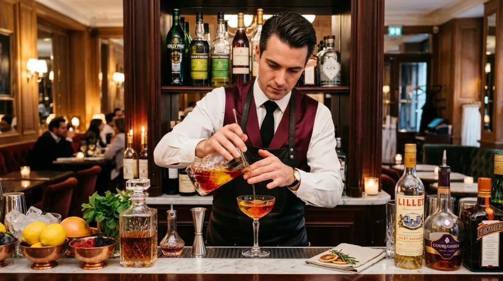 Barman versant un cocktail dans un verre au bar