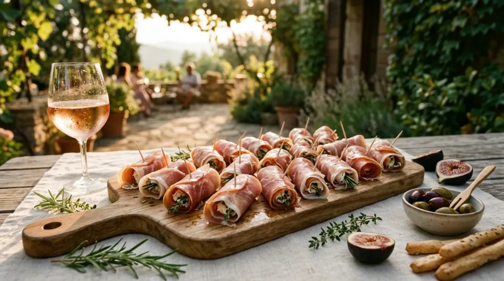 Charcuterie roulée, vin rosé et olives en jardin
