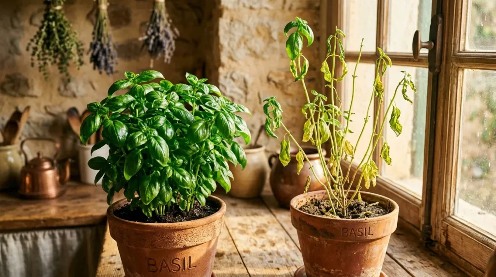 Deux pots de basilic frais près d'une fenêtre en bois