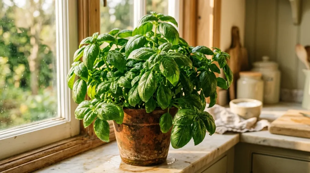 Plant de basilic vert luxuriant dans pot terre cuite fenêtre